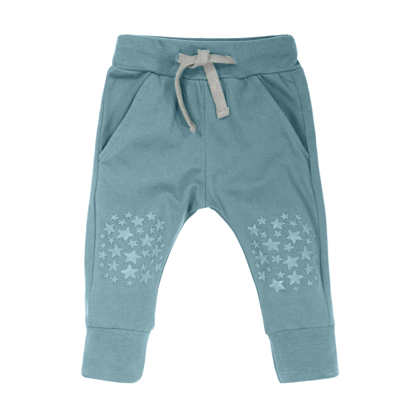 Blue baby pants with star pattern knee grips and drawstring