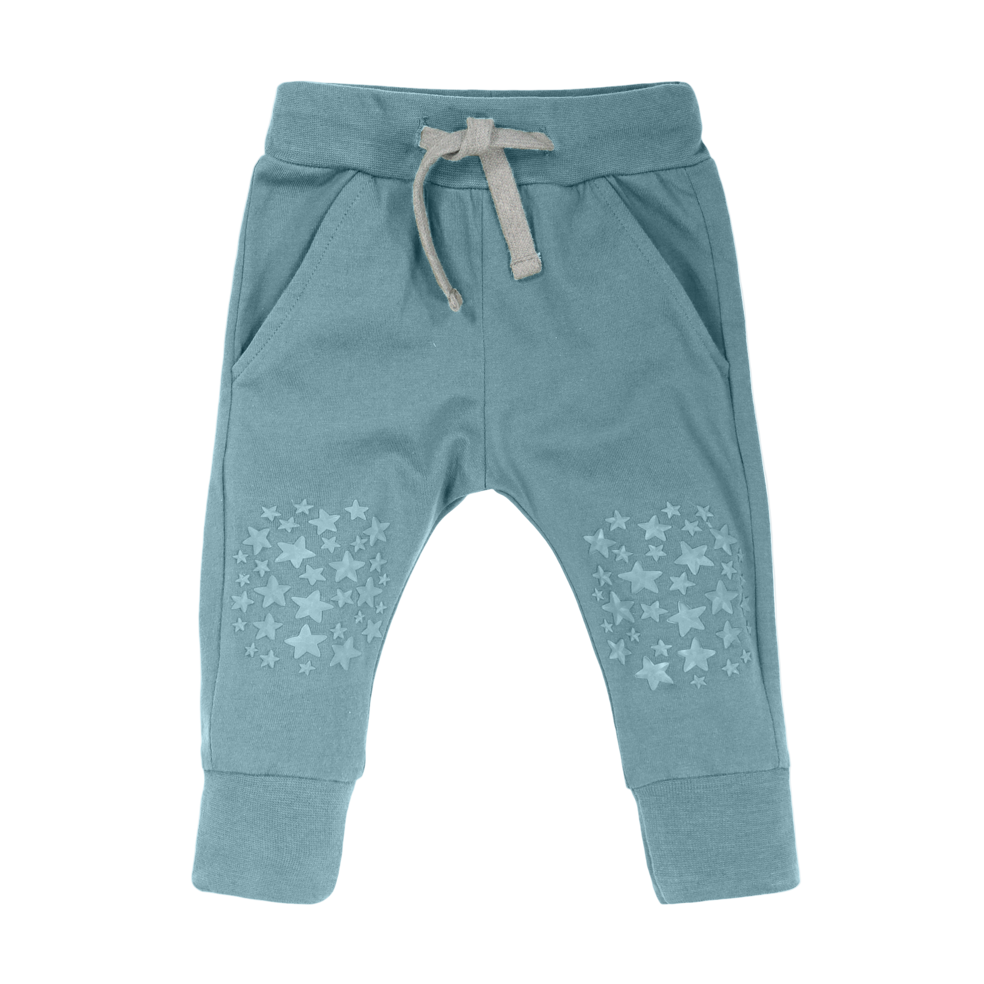 Blue baby pants with star pattern knee grips and drawstring