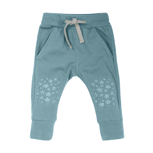 Blue baby pants with star pattern knee grips and drawstring