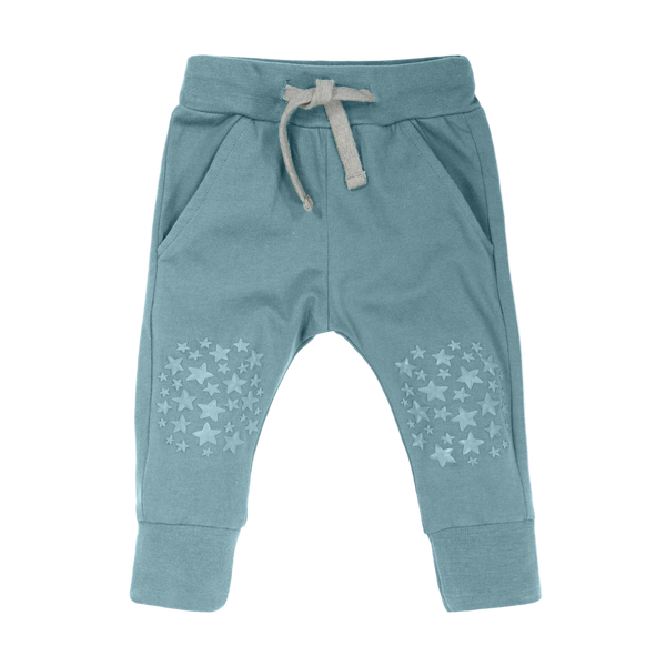 Blue baby pants with star pattern knee grips and drawstring